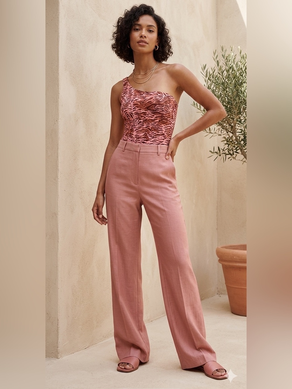 Aritzia Little Moon one  shoulder pink truffle striped zebra bodysuit. s…